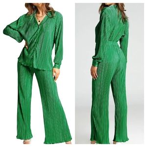 GREEN PLISSE WIDE LEG TROUSER SET